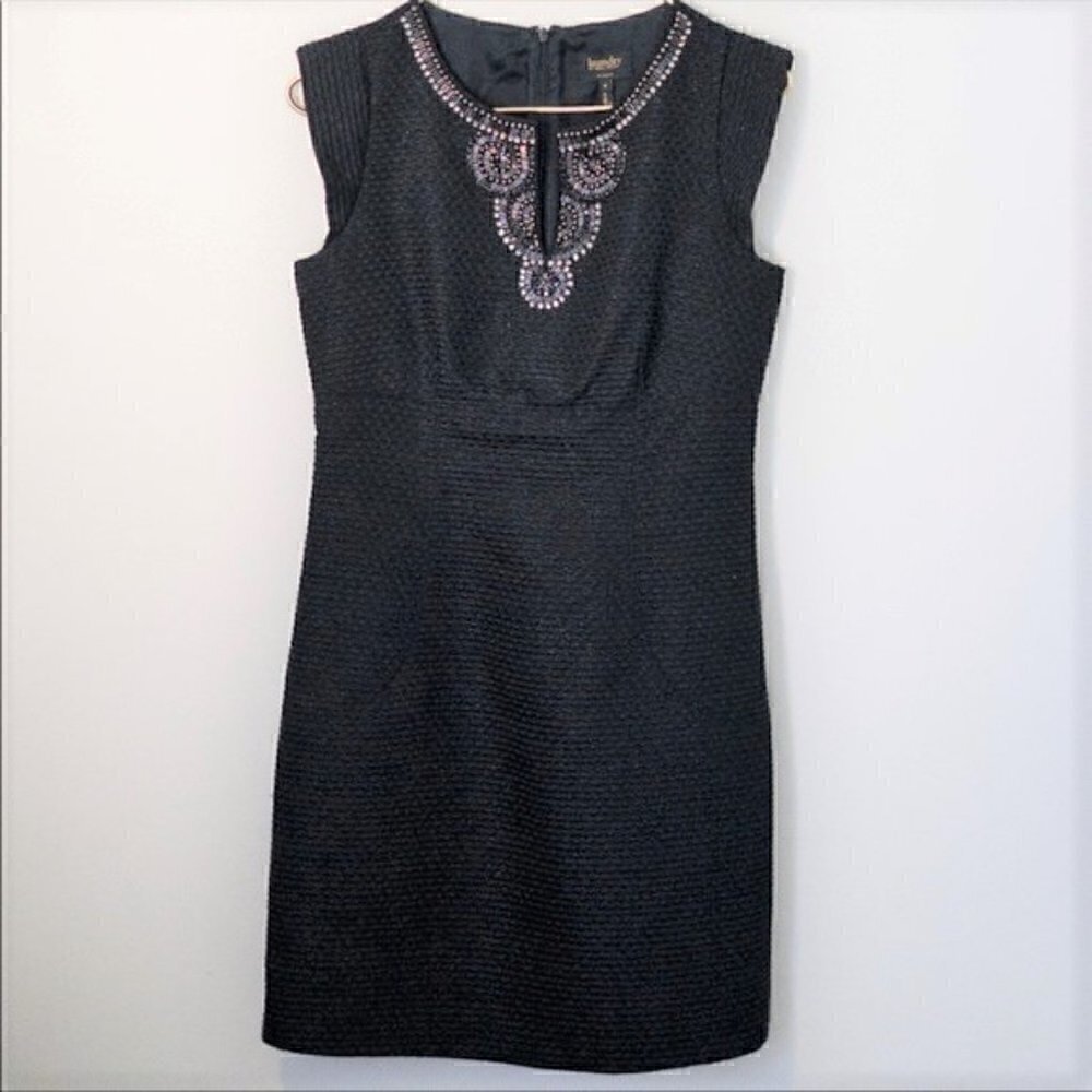 Laundry by Shelli Segal Black Sheath Dress Cap Sleeve Beaded Neckline Size 8 - Picture 2 of 3